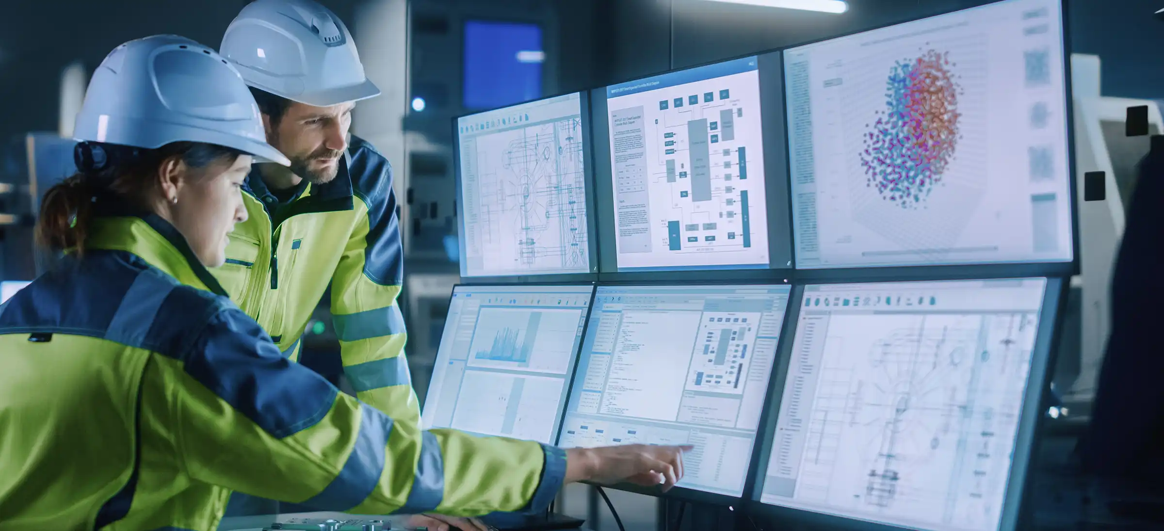 engineers looking at screens with ai and machine learning.webp